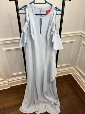 Monique Lhuillier Light Blue Cold-Shoulder Ruffle Maxi Dress